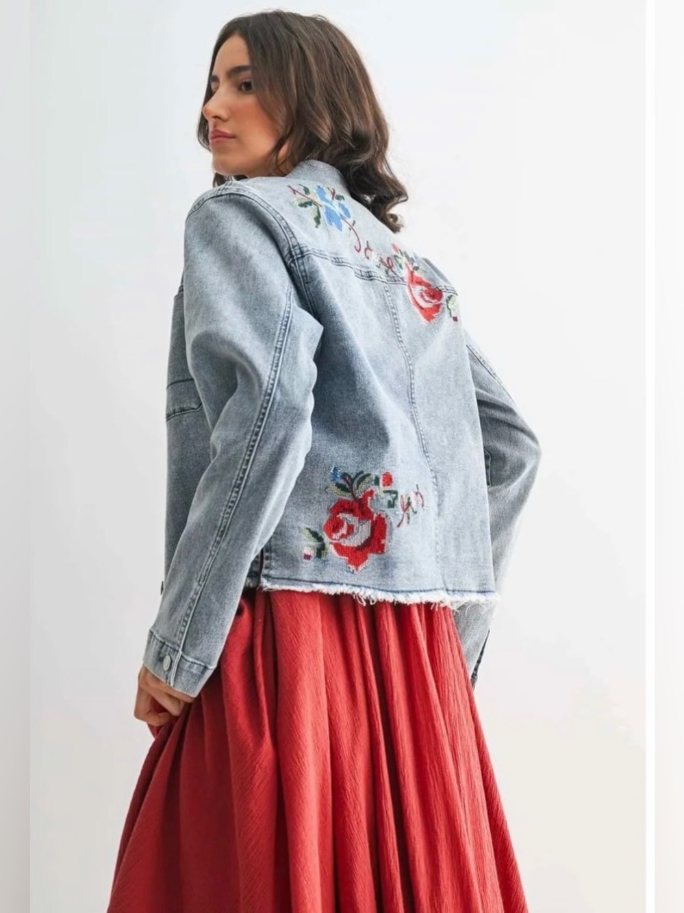 Camellia Embroidered Denim Jacket Floral Blue Jean raw hem boho cross stitch S